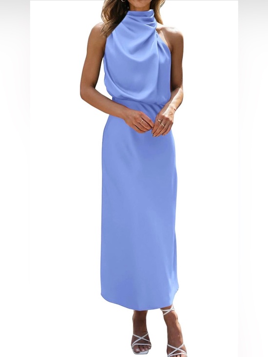 BTFBM Dresses & Skirts - Silk Sleeveless Draped Halter Midi Dress in Periwinkle Blue